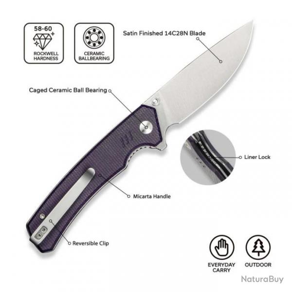 Couteau Civivi Merit Purple Lame Acier 14C28N Manche Micarta IKBS Clip Liner Lock CIVC240123