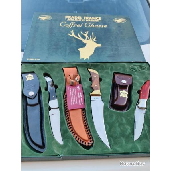 COFFRET COUTEAUX DE CHASSE AVEC ETUIS PRADEL  ARTISANAT