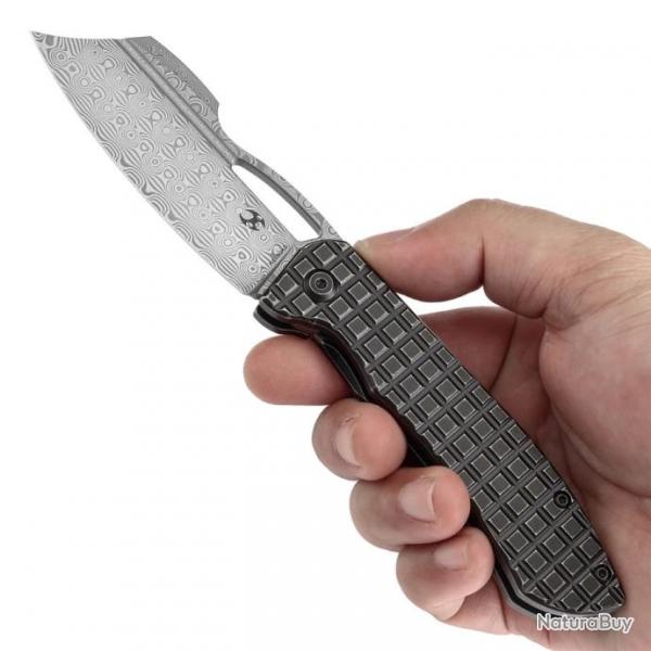 Couteau Kansept Cybin Lame Cleaver Acier Damas Manche Titane Blk Frag Frame Lock Clip K1080A2