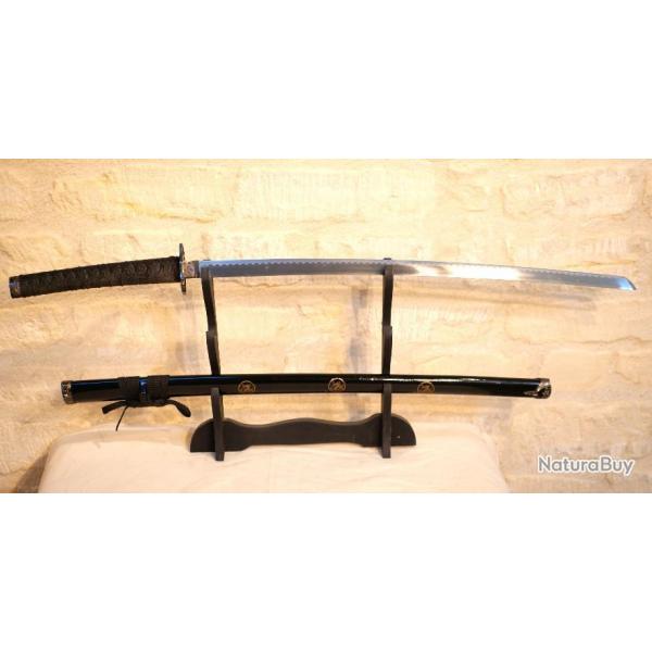 REPRODUCTION d'un sabre japonais bois laqu noir avec symboles sur fourreau EBR24JAP013