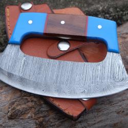 Couteau d'Esquimau Inuit Ulu Lame Acier Damas 256 Couches Manche Bois&Résine Etui Cuir F Artisanale