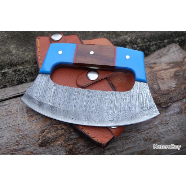 Couteau d'Esquimau Inuit Ulu Lame Acier Damas 256 Couches Manche Bois&Rsine Etui Cuir F Artisanale