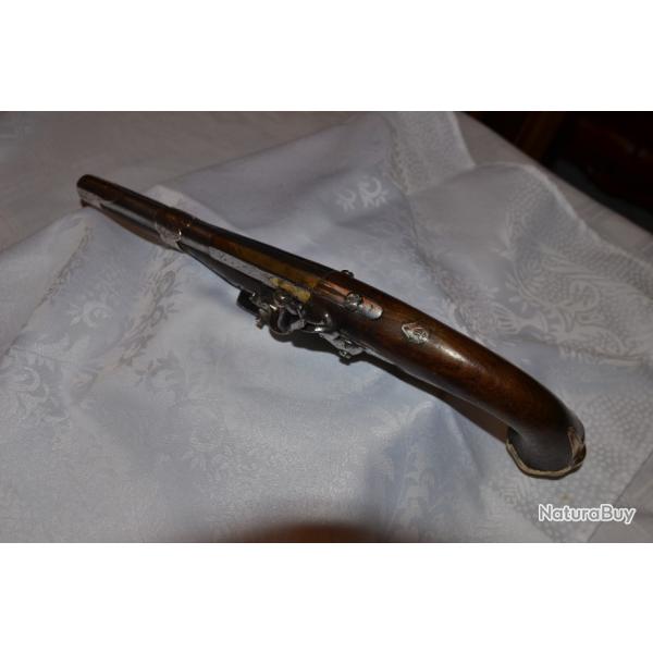 SUPERBE ET GRAND  PISTOLET D'ARON A SILEX OTTOMAN  GARNITURES ARGENT