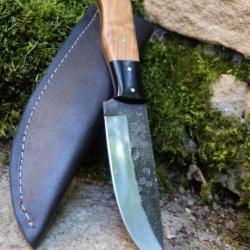 Poignard Bushcraft Couteau de Chasse Survie Lame Carbone 1075 Manche Bois Etui Cuir Fabr Artisanale