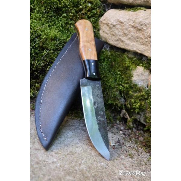 Poignard Bushcraft Couteau de Chasse Survie Lame Carbone 1075 Manche Bois Etui Cuir Fabr Artisanale