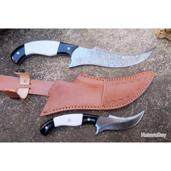 Set de 2 Couteaux De Chasse Twin Lames Acier Damas 256 Couches Manche Rsine Etui Cuir F Artisanat