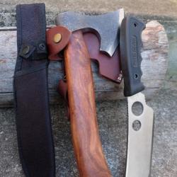 Set de Survie HACHE De Trappeur Lame Acier Carbone + Couteau Bushcraft Manche Bois Fabr Artisanale