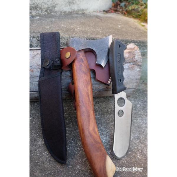 Set de Survie HACHE De Trappeur Lame Acier Carbone + Couteau Bushcraft Manche Bois Fabr Artisanale