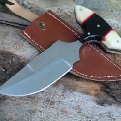 Couteau Push Dagger Lame Acier Carbone 1055 Manche Os & Corne Etui CUir Fabric Artisanale