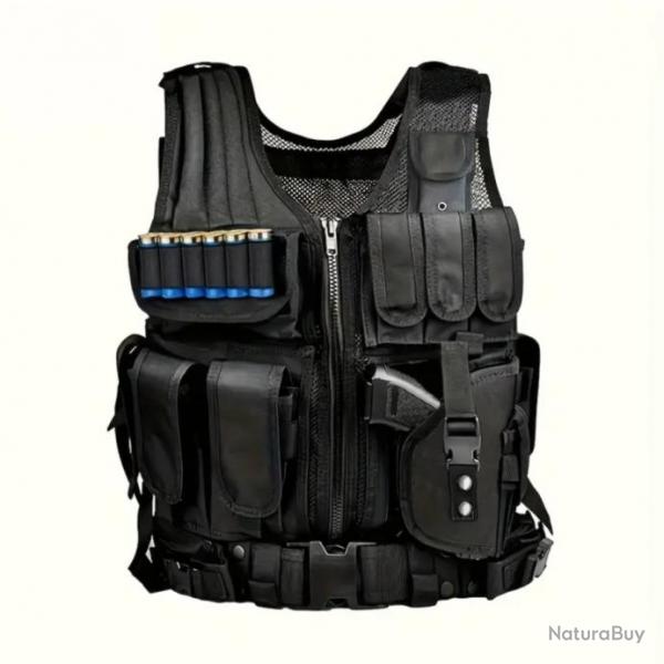 Gilet tactique en nylon avec ceinture et holster amovibles noir pour chasse airsoft