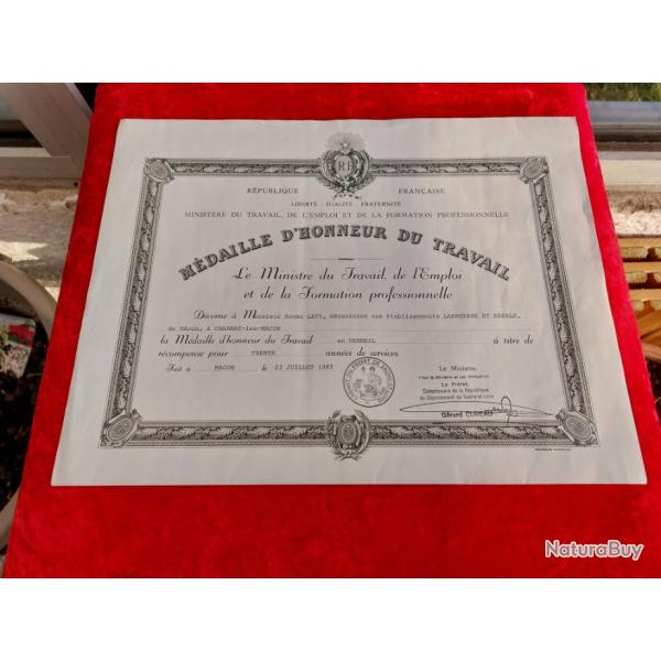 Diplme mdaille du travail vermeil Roger Lepy
