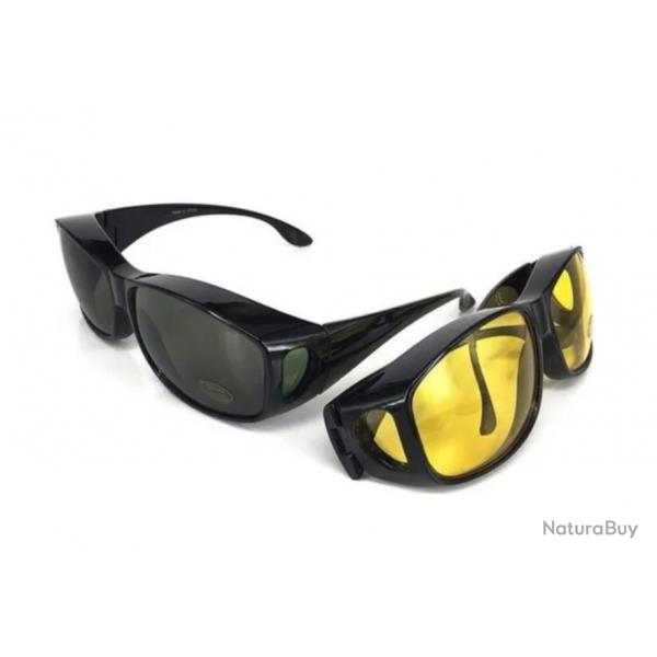 Lot de 2 Paires de Surlunettes Jour et Nuit - Protection Anti-UV Lunette de soleil/vision nocturne