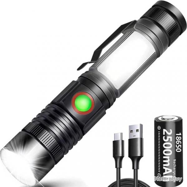 Lampe torche LED 2000 Lumens rechargeable - Base magntique - 2500 mAh