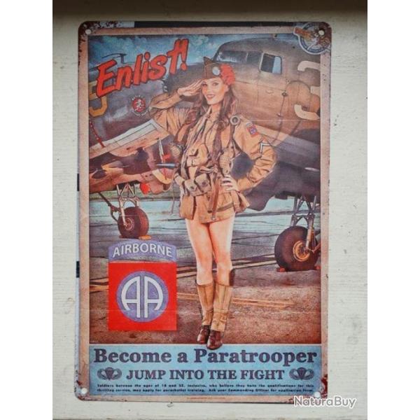 PLAQUE MTAL VINTAGE "BECOME A PARATROOPER,82 EME AIRBORNE"