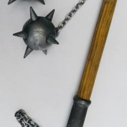 MASSE D'ARMES ANCIENNE EN ALLIAGE, À CHAÎNES, COPIE XIV°/XV° SIÈCLE, ACCESSOIRE D'ARMURE