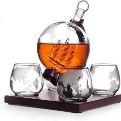 Ensemble de 4 verres de whisky + 1 carafe 1000 ml en forme de globe Motif de planète Terre-Carafe