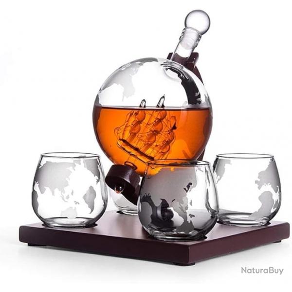 Ensemble de 4 verres de whisky + 1 carafe 1000 ml en forme de globe Motif de plante Terre-Carafe