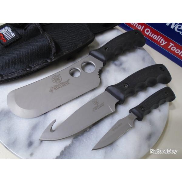 Set de Couteaux Smith&Wesson Campfire Lames Acier Inox Manches Caoutchouc Noir tui Nylon SWCAMP -