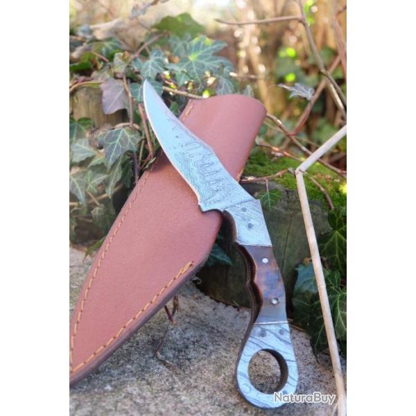 Couteau Karambit Lame & Mitres Acier Damas 256 Couches Manche Corne Blier Etui Fabric Artisanale