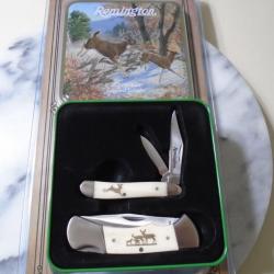 Set de Couteaux Pliants Remington White Tails Lames Acier Inoxydable Manches Os Blanc Boite Métal