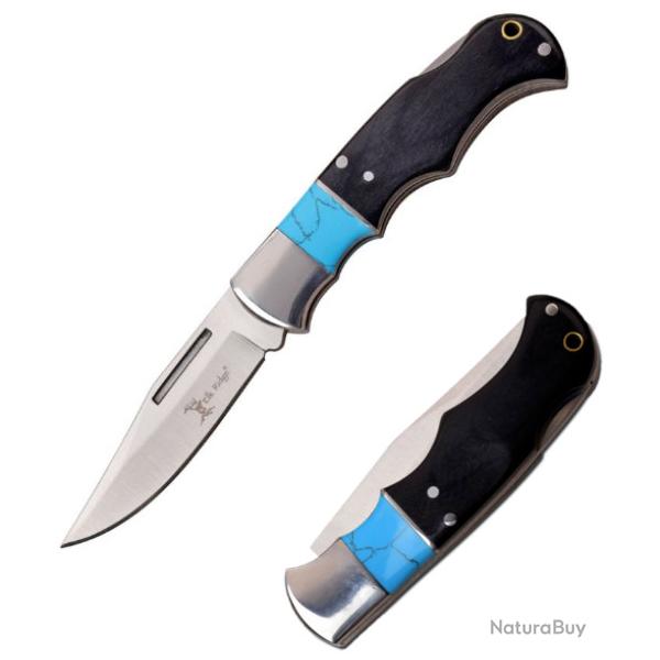 Couteau Elk Ridge Lame Clip Point Acier 3Cr13 Manche Pakkawood/Turquoise Lockback ER943BL