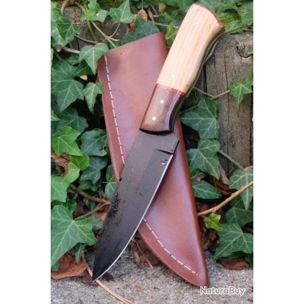 Couteau Skinner Lame Clip Point Acier Carbone 1055 Black Manche Bois Etui Cuir Fabr Artisanale