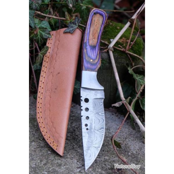 Skinner Couteau de Chasse Damas Lame Drop Point 256 Couches Manche Purple Fab Artisanale Etui Cuir