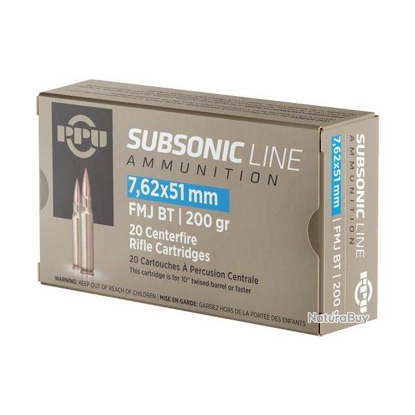 Cartouches PPU Calibre 7,62x51 (308) SUBSONIC FMJBT 200grs - Boite de 20 units