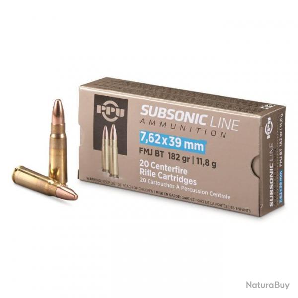 Cartouches PPU 7,62x39 SUBSONIC 182gr FMJ BT par 20