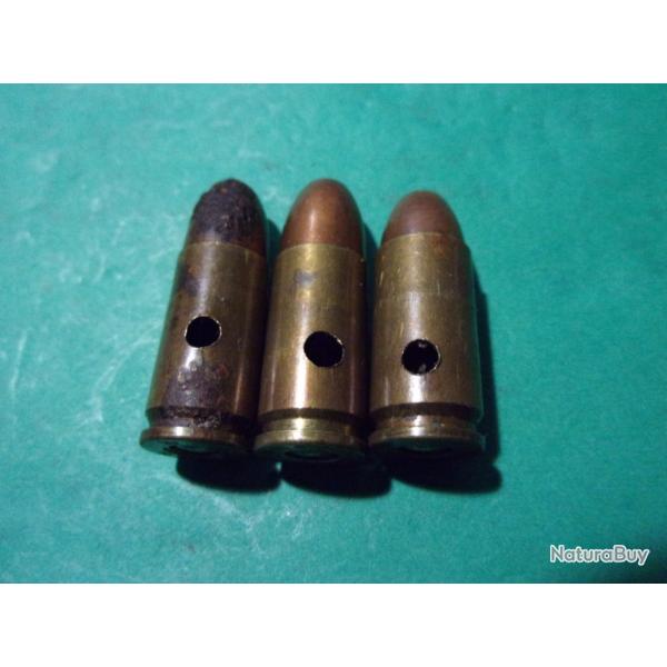 3 munitions 9x19 m/m WRA US, tui laiton, balle blinde cuivre, neutralises