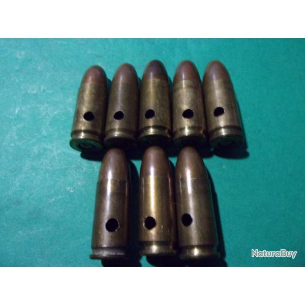 Lot de 8 munitions 9 m/m H^N 43,et B^F 43 tui laiton balle blinde cuivre, neutralises