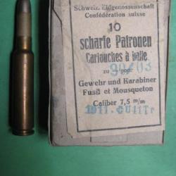 Un paquet de 10 cartouches Schmidt Rubin 7,5 x 54  Mod  90/03 reglementaire Suisse poudre noire