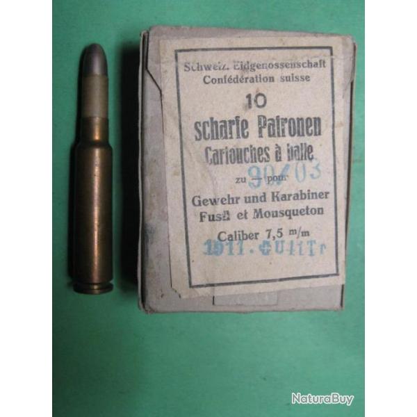 Un paquet de 10 cartouches Schmidt Rubin 7,5 x 54  Mod  90/03 reglementaire Suisse poudre noire