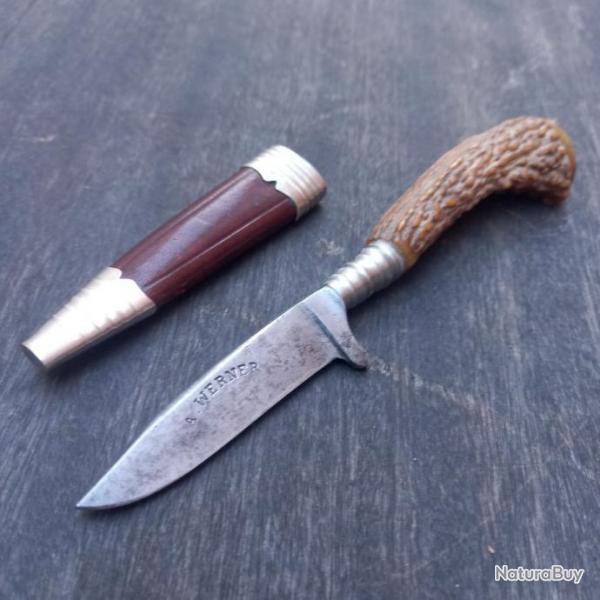 Petit Couteau de Chasse NICKER Allemand A.WERNER Manche en Bois de Chevreuil avec tui en cuir