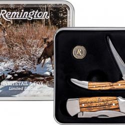 Coffret Cadeau 2 Couteaux Pliants Remington Whitetail & Fox Lame Acier Inox Manche Bois d'Olivier