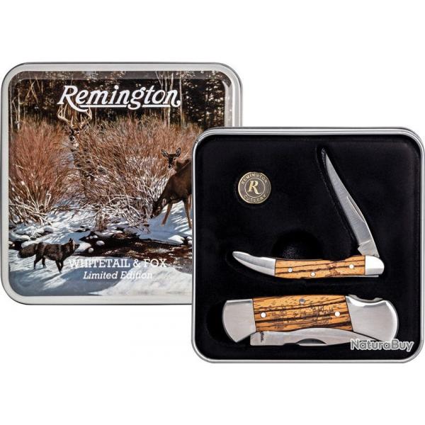 Coffret Cadeau 2 Couteaux Pliants Remington Whitetail & Fox Lame Acier Inox Manche Bois d'Olivier