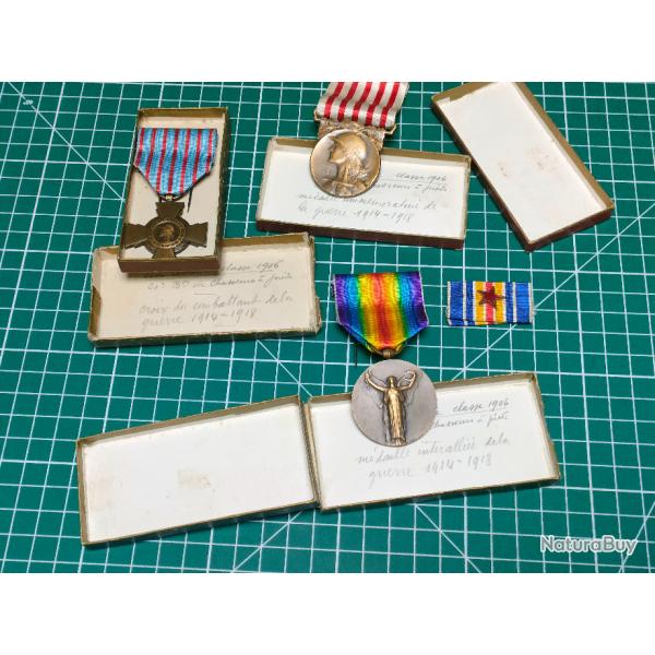 3 MEDAILLES ATTRIBUEES RAPPEL 14/18 WW1 CROIX DU COMBATTANT, COMMEMORATIVE INTERALLIES CHASSEUR