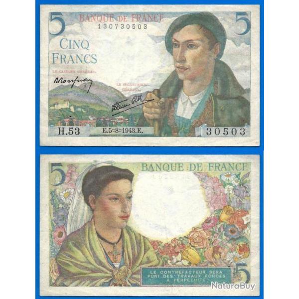 France 5 Francs 1943 5 Aout Billet RADAR 30503 Berger Franc Frcs Frc Frs