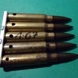 5 munitions/clip 7,5x54 ( TE 1-67 SI 7,5 ) étui laiton balle blindée tombac neutralisée