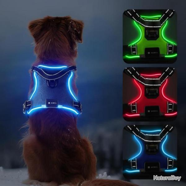 Harnais Chien Lumineux LED Anti Traction Rglable pour Petit Moyen Grand Chien Rflchissant Bleu