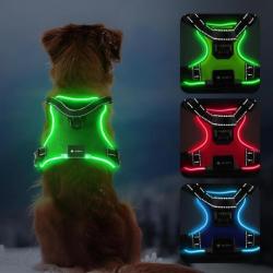 Harnais Chien Lumineux LED Anti Traction Réglable pour Petit Moyen Grand Chien Réfléchissant Vert