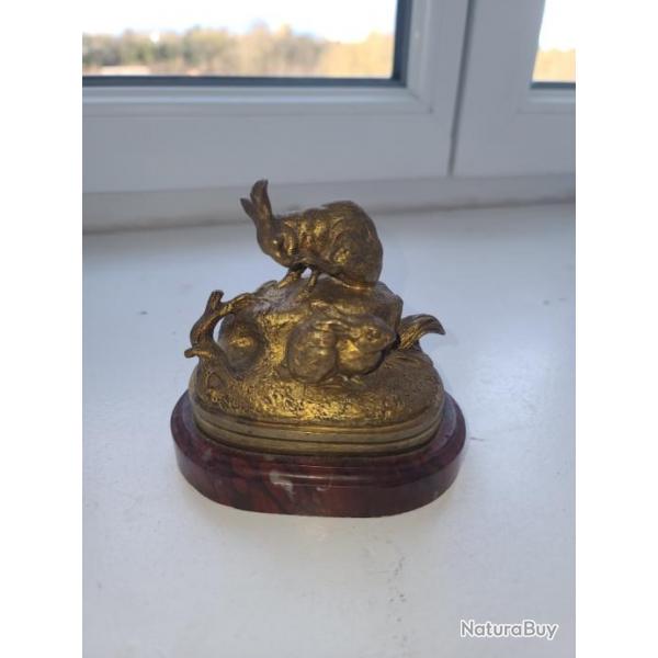 PETIT BRONZE ANIMALIER PAIRE DE LIEVRES SIGNE VICTOR CHEMIN