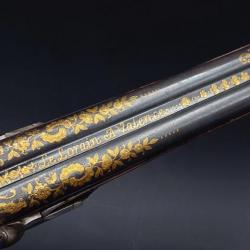 PISTOLET DOUBLE DE VENERIE LE LORAIN A VALENCE VERS 1740 A SILEX TRANSFORME PERCUSSION - FRANCE ANCI