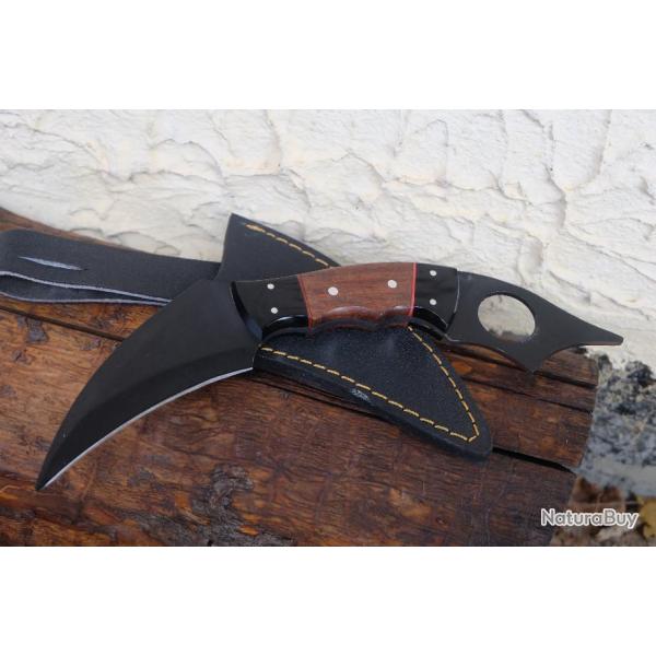 Couteau Karambit Lame Acier Carbone 1055 Black Manche Bois/Rsine Etui Simili Cuir Fabr Artisanale01