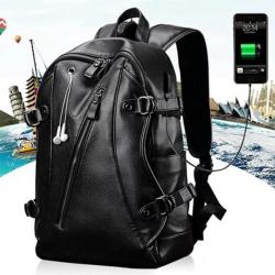 Sac À Dos Unisexe  Imperméable en Cuir PU Etanche Charge USB Externe Sacs de Voyage Outdoor Camping