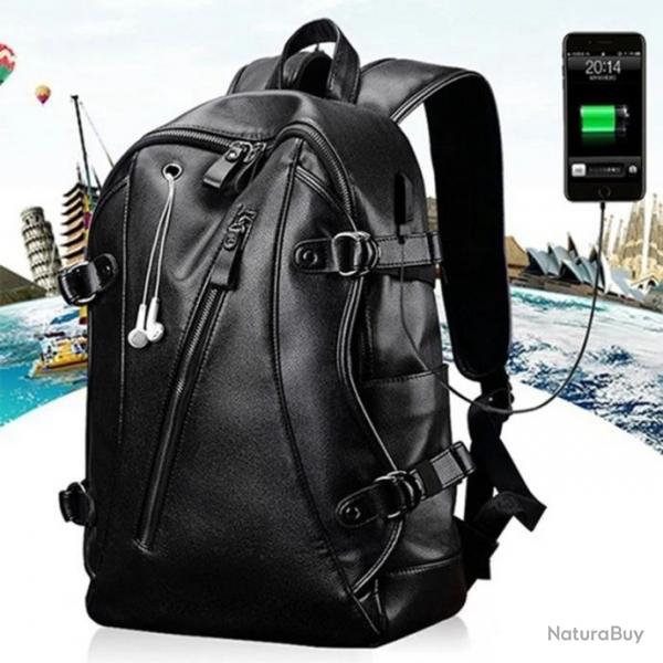 Sac  Dos Unisexe  Impermable en Cuir PU Etanche Charge USB Externe Sacs de Voyage Outdoor Camping