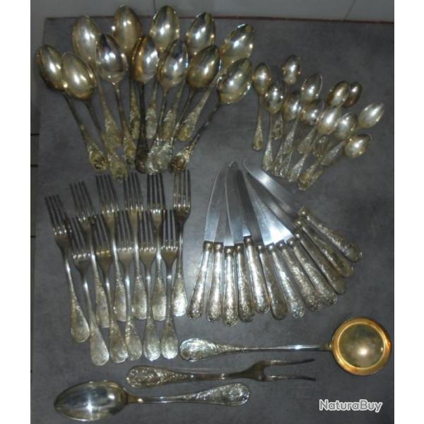 ANCIEN MNAGRE 51 pices COUVERT LOUCHE POINON MTAL ARGENT ?? Manque 2 pice