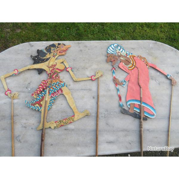 Authentique ancienne paire de marionnette du thtre d'ombre de Bali"Wayang kulit"Indonsie-Vers1900