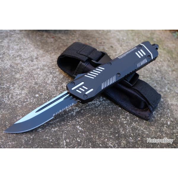 Couteau Automatique OTF Out the Front Lame Drop Point Serr Acier 440C Manche Alumi Clip Etui Nylon