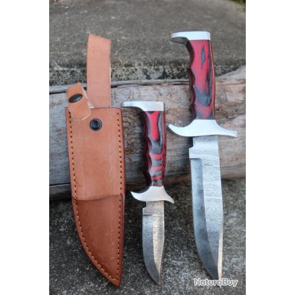 Set de 2 Couteaux De Chasse Twin Hunter Lames Acier Damas 256 Couches Manche Bois Etui Cuir Artisan